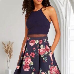 New B Darlin Navy and Pink Floral Skater Skirt Dress